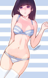 Rule 34 | 1girl, black hair, blush, bow, bow panties, bra, breasts, eyebrows, highres, hitomi o, long hair, navel, panties, purple eyes, small breasts, solo, striped background, striped bra, striped clothes, striped panties, thighhighs, underwear, underwear only, white thighhighs
