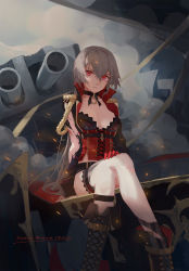 Rule 34 | 1girl, absurdres, aiguillette, azur lane, black choker, black footwear, black jacket, boots, breasts, character name, choker, cleavage, corset, cross-laced footwear, crossed legs, dear faith, dust, gloves, grey hair, hair between eyes, hand on own thigh, highres, jacket, jean bart (azur lane), long hair, md5 mismatch, medium breasts, purple eyes, red corset, red gloves, resolution mismatch, short shorts, shorts, single glove, sitting, solo, source larger, striped clothes, striped thighhighs, thighhighs, torn clothes, torn jacket, turret, vertical-striped clothes, vertical-striped thighhighs, very long hair