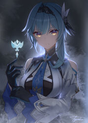 Rule 34 | 1girl, black gloves, black hairband, blue hair, blue necktie, breasts, cape, chest harness, clothing cutout, eula (genshin impact), genshin impact, gloves, hair ornament, hairband, harness, highres, large breasts, long sleeves, medium hair, necktie, puffy long sleeves, puffy sleeves, shoulder cutout, signature, simple background, solo, tyenka7728, upper body, vision (genshin impact), white sleeves, yellow eyes