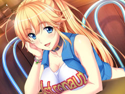 Rule 34 | 1girl, anna belmonte, blonde hair, blue eyes, blush, breast rest, breasts, chair, cleavage, collar, female focus, game cg, happy, jacket, large breasts, long hair, looking at viewer, marushin (denwa0214), mole, open mouth, ponytail, sitting, smile, solo, supokon! sports wear complex