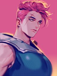 Rule 34 | 1girl, bad id, bad twitter id, blue vest, closed mouth, eyelashes, green eyes, lips, nose, overwatch, overwatch 1, pink hair, scar, scar across eye, scar on face, short hair, sleeveless, solo, upper body, vest, zarya (overwatch)
