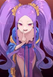 Rule 34 | 1girl, bare shoulders, blush, breasts, chinese clothes, collarbone, dress, fate/grand order, fate (series), forehead, gradient background, hair ornament, hair scrunchie, hanfu, highres, index finger raised, leaning forward, long hair, looking at viewer, open mouth, parted bangs, pelvic curtain, purple dress, purple hair, sash, scrunchie, sidelocks, small breasts, smile, solo, thighs, twintails, usuaji, very long hair, wu zetian (fate), wu zetian (first ascension) (fate), yellow scrunchie