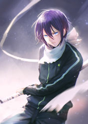 Rule 34 | 10s, 1boy, blue eyes, holding, holding sword, holding weapon, jacket, male focus, motion blur, noragami, purple hair, short hair, solo, sword, track jacket, wallacexi, weapon, yato (noragami)
