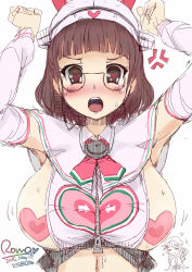 Rule 34 | 10s, 1girl, 2015, anger vein, armpits, arrow (symbol), artist name, bad id, bad pixiv id, blush, breasts, brown hair, character request, chibi, chibi inset, dated, eyewear strap, glasses, heart, heart-shaped pupils, heart pasties, kantai collection, large breasts, looking at viewer, morita, morita (moritania), open mouth, pasties, roma (kancolle), short hair, simple background, solo, sweat, symbol-shaped pupils, white background, zipper