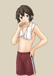 Rule 34 | 1girl, black eyes, bottle, brown hair, chagamaka, closed eyes, convenient censoring, drinking, flat chest, grey background, hand on own hip, highres, holding, holding bottle, kantai collection, miyuki (kancolle), open mouth, red shorts, short hair, shorts, simple background, solo, standing, topless, towel, towel around neck, towel over breasts, wet