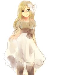 Rule 34 | 1girl, axis powers hetalia, bad id, bad pixiv id, black pantyhose, blonde hair, blue eyes, bow, clothes lift, collarbone, dress, dress lift, glasses, hair bow, long hair, monaco (hetalia), pantyhose, pomuta (tama922), puffy short sleeves, puffy sleeves, short sleeves, simple background, smile, solo, tama922, white background, white bow