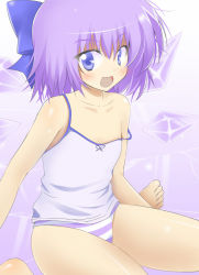 Rule 34 | 1girl, bottomless, camisole, cirno, embodiment of scarlet devil, flat chest, mocchisake, panties, smile, solo, strap slip, striped clothes, striped panties, thighs, touhou, underwear, wings