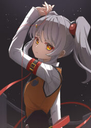 Rule 34 | 1girl, arm up, armband, commentary request, dark background, grey hair, hair bobbles, hair ornament, highres, hoshino ruri, kidou senkan nadesico, light smile, long hair, looking at viewer, orange vest, ru-ha, solo, string, string of fate, twintails, uniform, upper body, vest, yellow eyes