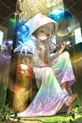 Rule 34 | 10s, 1girl, absurdres, aqua eyes, barefoot, blonde hair, bubble, chain chronicle, feet, glasses, green eyes, hair censor, hair over shoulder, highres, holding, hood, long hair, long sleeves, looking at viewer, naked robe, outstretched arm, outstretched hand, robe, seto (chain chronicle), sitting, solo, throne, wada arco