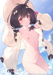 Rule 34 | 1girl, black hair, blush, bow, breasts, brown jacket, cleft of venus, cowboy shot, day, granblue fantasy, hair bow, hat, highres, jacket, long hair, low twintails, naked jacket, navel, nipples, ocean, open clothes, open jacket, outdoors, parted lips, pussy, red eyes, short twintails, small breasts, solo, standing, stomach, sun hat, twintails, vikala (granblue fantasy), wading, water, yellowpaint.