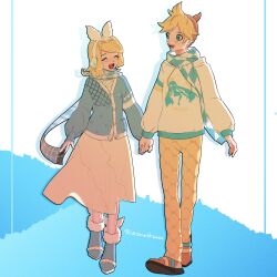 Rule 34 | 1boy, 1girl, argyle, argyle clothes, argyle scarf, artist name, blonde hair, blue eyes, blush, boots, bow hairband, cardigan, character print, closed eyes, commentary request, fur-trimmed boots, fur trim, hairband, hatsune miku, headphones, highres, holding hands, hood, hoodie, kagamine len, kagamine rin, long skirt, long sleeves, looking at another, open mouth, ponytail, scarf, see-through, see-through skirt, short hair, skirt, smile, vocaloid, zontik2404