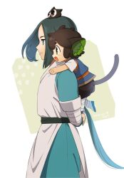 Rule 34 | 2boys, animal, animal ears, animal on head, belt, black belt, black cat, black shorts, blue shirt, brown hair, carrying, cat, cat ears, cat on head, cat tail, child, closed mouth, fon-due (fonfon), from side, green eyes, green hair, luo xiaohei, luo xiaohei (human), luo xiaohei zhanji, multiple boys, on head, open mouth, piggyback, shirt, shorts, tail, white tunic, wuxian (the legend of luoxiaohei)