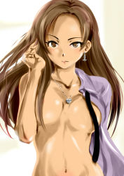Rule 34 | 10s, 1girl, adjusting hair, blush, breasts, brown eyes, brown hair, collarbone, commentary request, earrings, heart, idolmaster, idolmaster cinderella girls, jewelry, long hair, looking at viewer, matsunaga ryo, md5 mismatch, medium breasts, murasaki iro, naked shirt, navel, necklace, necktie, open clothes, open shirt, out-of-frame censoring, pendant, revision, shiny skin, shirt, solo, undressing, upper body