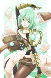 Rule 34 | 1girl, adenine (xenoblade), book, brown pants, closed mouth, core crystal (xenoblade), dated, dress, gauntlets, green dress, green eyes, green hair, highres, hisin, looking at viewer, pants, paper, short hair, signature, smile, solo, two-tone background, white background, xenoblade chronicles (series), xenoblade chronicles 2
