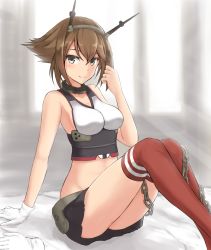 Rule 34 | 10s, 1girl, arm support, bare shoulders, blush, breasts, brown hair, chain, female focus, gloves, unworn gloves, gradient background, green eyes, headgear, highres, jewelry, kantai collection, large breasts, looking at viewer, midriff, miniskirt, monoku, mutsu (kancolle), ring, short hair, single glove, sitting, skirt, smile, solo, thighhighs, wedding band, white gloves