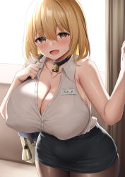 Rule 34 | 1girl, absurdres, bag, bare shoulders, bell, blonde hair, bloom, bra visible through clothes, breasts, brown eyes, brown pantyhose, choker, cleavage, collarbone, collared shirt, covered erect nipples, cowbell, curvy, english text, hair between eyes, handbag, highres, huge breasts, kusana (dudqja602), looking at viewer, medium hair, neck bell, open mouth, original, pantyhose, pencil skirt, shirt, skirt, sleeveless, sleeveless shirt, smile, solo, window