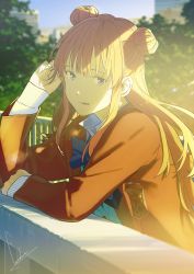 Rule 34 | 1girl, artist name, blazer, blonde hair, blue eyes, blue nails, cardigan, day, double bun, hair bun, highres, hoshino me wo tsubutte., jacket, long hair, long sleeves, looking at viewer, loundraw, nail polish, open clothes, open jacket, outdoors, parted lips, school uniform, shade, sidelocks, signature, solo