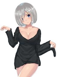 Rule 34 | 10s, 1girl, absurdres, alternate costume, bad id, bad pixiv id, bare shoulders, black dress, blue eyes, blush, breasts, cat tail, cleavage, collarbone, cowboy shot, dress, fake tail, hair ornament, hair over one eye, hairclip, hamakaze (kancolle), head tilt, highres, kanikou, kantai collection, large breasts, long sleeves, looking at viewer, short dress, short hair, silver hair, simple background, solo, sweatdrop, tail, white background