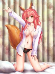 Rule 34 | 1girl, animal ear fluff, animal ears, arms up, black panties, blouse, blush, bow, breasts, closed mouth, collarbone, commentary, curtains, english commentary, eyelashes, fate/extra, fate/grand order, fate (series), fingernails, fox ears, fox girl, fox tail, full body, hair between eyes, hair down, hand on own thigh, highres, jihadangel, kneeling, large breasts, long hair, long sleeves, looking at viewer, navel, on bed, open clothes, open shirt, panties, pillow, pink hair, red bow, see-through, see-through shirt, shirt, sidelocks, smile, solo, tail, tamamo (fate), tamamo no mae (fate/extra), underwear, white shirt, yellow eyes