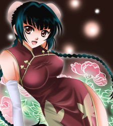 Rule 34 | 00s, 1girl, :d, breasts, bun cover, china dress, chinese clothes, dress, elbow gloves, flower, gloves, green hair, gundam, gundam 00, large breasts, looking at viewer, lowres, open mouth, purple eyes, red dress, side slit, sinko, sleeveless, sleeveless dress, smile, solo, wang liu mei, white gloves