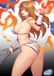 Rule 34 | 1980s (style), 1girl, amazon warrior, ass, bikini, blue eyes, breasts, brown hair, butt crack, fire, gauntlets, golden axe, gonster, highres, holding, holding sword, holding weapon, large breasts, long hair, looking at viewer, magic, muscular, navel, oldschool, orange hair, panties, retro artstyle, sega, sideboob, solo, swimsuit, sword, tyris flare, underwear, warrior, weapon, white bikini, white panties