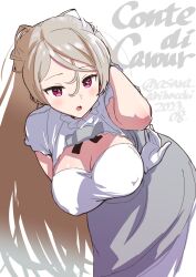 Rule 34 | 1girl, asava (hutaitenn), breasts, brown eyes, character name, cleavage cutout, clothing cutout, commentary request, conte di cavour (kancolle), conte di cavour nuovo (kancolle), dated, dress, feet out of frame, frilled dress, frills, gloves, grey hair, highres, kantai collection, large breasts, layered dress, leaning forward, long hair, solo, twitter username, two-tone dress, two side up, white gloves