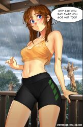 Rule 34 | 1girl, :&lt;, animal, arm support, bandaid, bandaid on arm, bike shorts, black shorts, blue eyes, blush, breasts, brooke (mleth), brown hair, closed mouth, commentary, covered erect nipples, cowboy shot, crop top, english commentary, english text, freckles, furrowed brow, giraffe, gluteal fold, highres, long hair, looking at viewer, medium breasts, mleth, navel, no bra, original, outdoors, overcast, paid reward available, rain, see-through clothes, shorts, sky, sleeveless, solo, speech bubble, standing, tank top, tree, water drop, watermark, web address, wet, wet clothes, wet hair, zoo