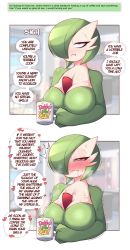 Rule 34 | 1girl, 2koma, ^^^, absurdres, bags under eyes, blurry, blurry background, blush, bob cut, border, breasts, breath, cleavage, colored skin, comic, creatures (company), cup, drink, drooling, english text, female focus, game freak, gardevoir, gen 3 pokemon, green hair, green skin, hair over one eye, half-closed eyes, heart, heart-shaped pupils, highres, holding, holding cup, holding drink, indoors, large breasts, looking at viewer, mug, multicolored skin, multiple views, nintendo, nose blush, one eye covered, outside border, parted lips, pokemon, pokemon (creature), profanity, red eyes, saliva, saltyxodium, short hair, sigh, speech bubble, spoken heart, star (symbol), steam, sweat, symbol-shaped pupils, talking, teeth, text focus, trembling, two-tone skin, upper body, white border, white skin