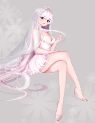 Rule 34 | 1girl, bare legs, bare shoulders, blush, breasts, chu (huaha1320), cleavage, crossed legs, dress, feet, floral background, frilled dress, frills, from side, full body, girls&#039; frontline, grey background, high heels, highres, kar98k (girls&#039; frontline), light purple hair, long hair, looking at viewer, medium breasts, parted lips, red eyes, short dress, sitting, smile, solo, toes, veil, very long hair, white dress