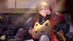 Rule 34 | 1boy, black scarf, blonde hair, blue eyes, commentary, commission, couch, english commentary, expressionless, gin (neural cloud), gin (spring thaw liquor) (neural cloud), girls&#039; frontline, girls&#039; frontline neural cloud, hair between eyes, hand on own face, highres, indoors, jacket, lofter username, looking at viewer, male focus, masora sp, official alternate costume, on couch, red jacket, scarf, short hair, sitting, solo, stuffed toy
