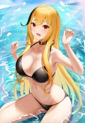Rule 34 | 1girl, :d, absurdres, bikini, black bikini, black choker, blonde hair, blue sky, breasts, choker, collarbone, day, halterneck, hands up, highres, hololive, hololive indonesia, kaela kovalskia, large breasts, long hair, looking at viewer, multicolored hair, navel, open mouth, outdoors, red eyes, roina (effj7473), sitting, sky, smile, solo, stomach, streaked hair, swimsuit, thighs, very long hair, virtual youtuber, water