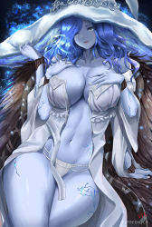 Rule 34 | 1girl, alternate breast size, blue eyes, blue hair, blue skin, breasts, cloak, colored skin, cracked skin, cyicheng, doll joints, dress, elden ring, extra arms, extra faces, fia the deathbed companion, fur cloak, glowing tattoo, grin, hat, joints, large breasts, large hat, long hair, looking at viewer, one eye closed, parted bangs, ranni the witch, smile, solo, white dress, white hat, witch, witch hat
