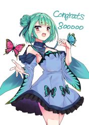 Rule 34 | 1girl, absurdres, blue dress, breasts, bug, butterfly, congratulations, detached collar, detached sleeves, double bun, dress, earrings, green hair, hair bun, highres, hololive, insect, jewelry, koyashi24, open mouth, orange eyes, skull earrings, small breasts, smile, solo, strapless, strapless dress, uruha rushia, uruha rushia (1st costume), virtual youtuber, wide sleeves