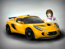 Rule 34 | 1girl, breasts, brown eyes, brown hair, car, cleavage, endlessgr8, hair ornament, highres, hirasawa yui, k-on!, leaning forward, lotus (brand), lotus exige, motor vehicle, self-upload, short hair, shorts, socks, spread legs, standing, vehicle, vehicle focus