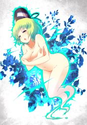 Rule 34 | 1girl, blueberry (5959), breasts, covering privates, covering breasts, female focus, ghost, ghost tail, green eyes, green hair, groin, hat, highres, matching hair/eyes, nude, nude cover, open mouth, short hair, soga no tojiko, solo, tate eboshi, touhou
