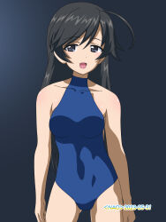 Rule 34 | 1girl, ahoge, artist name, black hair, blue eyes, blue one-piece swimsuit, breasts, collarbone, covered navel, dated, girls und panzer, highres, isuzu hana, large breasts, long hair, looking at viewer, naotosi, one-piece swimsuit, open mouth, simple background, smile, solo, swimsuit