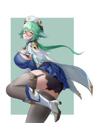 Rule 34 | 1girl, absurdres, alternate breast size, animal ears, ass, black thighhighs, blush, boots, breasts, cat ears, che dapao, dress, embarrassed, garter straps, genshin impact, glasses, gloves, green hair, hair between eyes, hat, highres, knee boots, large breasts, leg up, long hair, long sleeves, looking at viewer, multicolored hair, open mouth, ponytail, semi-rimless eyewear, short shorts, shorts, solo, sucrose (genshin impact), thighhighs, vision (genshin impact)