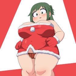 Rule 34 | 1girl, boku no hero academia, breasts, cameltoe, cleft of venus, dress, gloves, green eyes, green hair, large breasts, midoriya inko, mature female, panties, plaid, plaid panties, plump, santa dress, santa gloves, solo, thick thighs, thighs, underwear