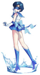 Rule 34 | 1girl, absurdres, back bow, bishoujo senshi sailor moon, blue bow, blue choker, blue footwear, blue gemstone, blue hair, blue sailor collar, blue skirt, blush, boots, bow, choker, circlet, closed mouth, collared shirt, earrings, elbow gloves, from side, full body, gem, gloves, highres, jewelry, knee boots, kneepits, looking at viewer, looking back, mask, miniskirt, p m ame, parted bangs, pleated skirt, sailor collar, sailor collar lift, sailor mercury, sailor senshi uniform, sailor shirt, shirt, short hair, skirt, sleeveless, sleeveless shirt, smile, solo, white gloves, white shirt