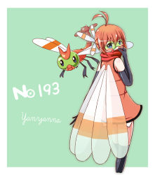 Rule 34 | 1girl, ahoge, black thighhighs, blush, bow, character name, creatures (company), elbow gloves, game freak, gen 2 pokemon, gloves, goggles, hair bow, looking back, nintendo, personification, pokedex number, pokemon, pokemon (creature), qixi cui xing, scarf, simple background, thighhighs, wings, yanma