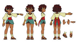 Rule 34 | 1girl, ajna (indivisible), ankle wrap, beads, bike shorts, bracelet, bridal gauntlets, brown hair, character sheet, dark skin, dress, female focus, flat color, hair ornament, indivisible, jewelry, multiple views, outstretched arm, sandals, sash, short sleeves, shorts, shorts under skirt, standing, turnaround, white background