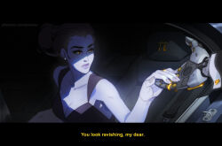 Rule 34 | 1boy, 1girl, absurdres, black dress, black hair, blue skin, car interior, closed mouth, colored skin, cuff links, dashiana, dress, earrings, gold ring, hair bun, highres, holding hands, jewelry, lips, long hair, maximilen (overwatch), official alternate costume, out of frame, overwatch, purple lips, sitting, solo focus, talking, widowmaker (overwatch), yellow eyes