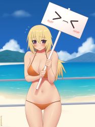 Rule 34 | &gt; &lt;, 1girl, artist name, bare shoulders, beach, bikini, blonde hair, blue sky, blush, breasts, charlotte dunois, cloud, collarbone, commentary, commission, day, english commentary, eyes visible through hair, flying sweatdrops, gluteal fold, hair between eyes, holding, holding sign, infinite stratos, kuroonehalf, large breasts, long hair, looking at viewer, low ponytail, navel, orange bikini, outdoors, purple eyes, shy, sign, sky, solo, swimsuit, thigh gap