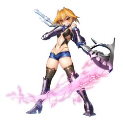 Rule 34 | 1girl, armor, blonde hair, boots, breasts, highleg, highleg panties, holding, holding weapon, lebe safree (taimanin asagi), lilith-soft, panties, shiny skin, short hair, small breasts, smile, solo, taimanin (series), taimanin asagi, taimanin rpgx, thong, underwear, weapon, zol