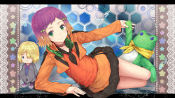 Rule 34 | 10s, aquarion (series), aquarion evol, arm support, gradient hair, green eyes, headphones, hourainingyou, jin musou, letterboxed, multicolored hair, short hair, smile, stuffed animal, stuffed toy, yunoha thrul
