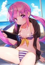 Rule 34 | 1girl, :3, beach, bikini, blue hair, breasts, cleavage, closed mouth, day, highres, hololive, looking at viewer, medium breasts, minato aqua, minato aqua (hololive summer 2019), multicolored hair, nintendo switch, outdoors, purple hair, shade, short twintails, small breasts, smile, solo, striped bikini, striped clothes, swimsuit, tousaki shiina, twintails, virtual youtuber, wet