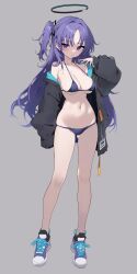 Rule 34 | 1girl, alternate costume, bikini, black jacket, blue archive, blush, breasts, full body, grey background, halo, harenchi, highres, jacket, long hair, long sleeves, looking at viewer, medium breasts, off shoulder, open clothes, open jacket, ponytail, purple eyes, purple hair, shoes, simple background, sneakers, solo, string bikini, swimsuit, two-sided fabric, two-sided jacket, two side up, very long hair, white background, yuuka (blue archive)