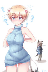 Rule 34 | 10s, 2girls, ?, adapted costume, animal ears, artist name, backless dress, backless outfit, bare shoulders, blonde hair, blue eyes, blue sweater, blush, blush stickers, boots, brave witches, breasts, closed mouth, collarbone, cowboy shot, dress, eila ilmatar juutilainen, ermine, ermine ears, ermine tail, flying sweatdrops, halterneck, hand to own mouth, hand up, highres, large breasts, legs apart, long hair, long sleeves, looking at viewer, meme attire, military, military uniform, multiple girls, naked sweater, nikka edvardine katajainen, no bra, nyaku, pantyhose, ponytail, ribbed sweater, short hair, sideboob, simple background, sleeveless, smile, smirk, standing, strike witches, sweater, sweater dress, tail, torn clothes, torn sweater, turtleneck, turtleneck sweater, uniform, virgin killer sweater, weasel, white background, white legwear, world witches series