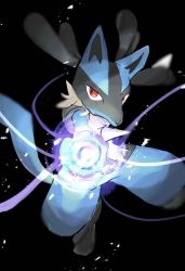 Rule 34 | anzu (01010611), black background, closed mouth, creatures (company), energy, floating, full body, game freak, gen 4 pokemon, looking at viewer, lucario, nintendo, no humans, pokemon, pokemon (creature), red eyes, simple background, sparkle