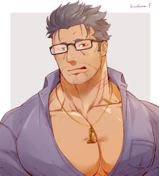 Rule 34 | 1boy, artist name, bara, black-framed eyewear, black hair, border, dagon (housamo), fish boy, gills, glasses, grey background, hinokumo f, jewelry, large pectorals, licking lips, long sideburns, looking down, male focus, muscular, muscular male, necklace, outside border, pectorals, purple shirt, red eyes, shirt, short hair, sideburns, signature, solo, tokyo houkago summoners, tongue, tongue out, upper body, white border